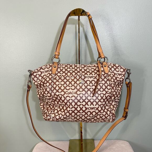 COACH Womens Satchel Shoulder Handbag Purse Signature Coated Canvas Brown Tan - Picture 3 of 16